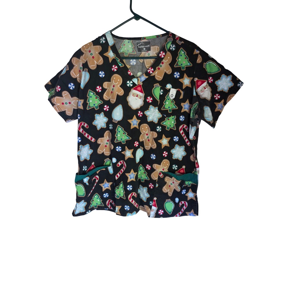 Butter-Soft Christmas Holiday Scrub Top XL Black Gingerbread Santa Candy Cane